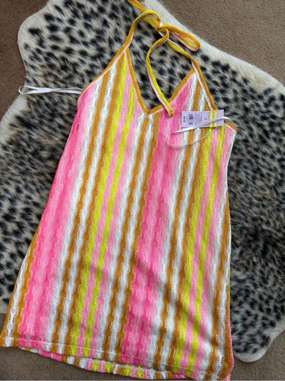 Striped Halter One-Piece Swim Cover in Pink, Yellow & White